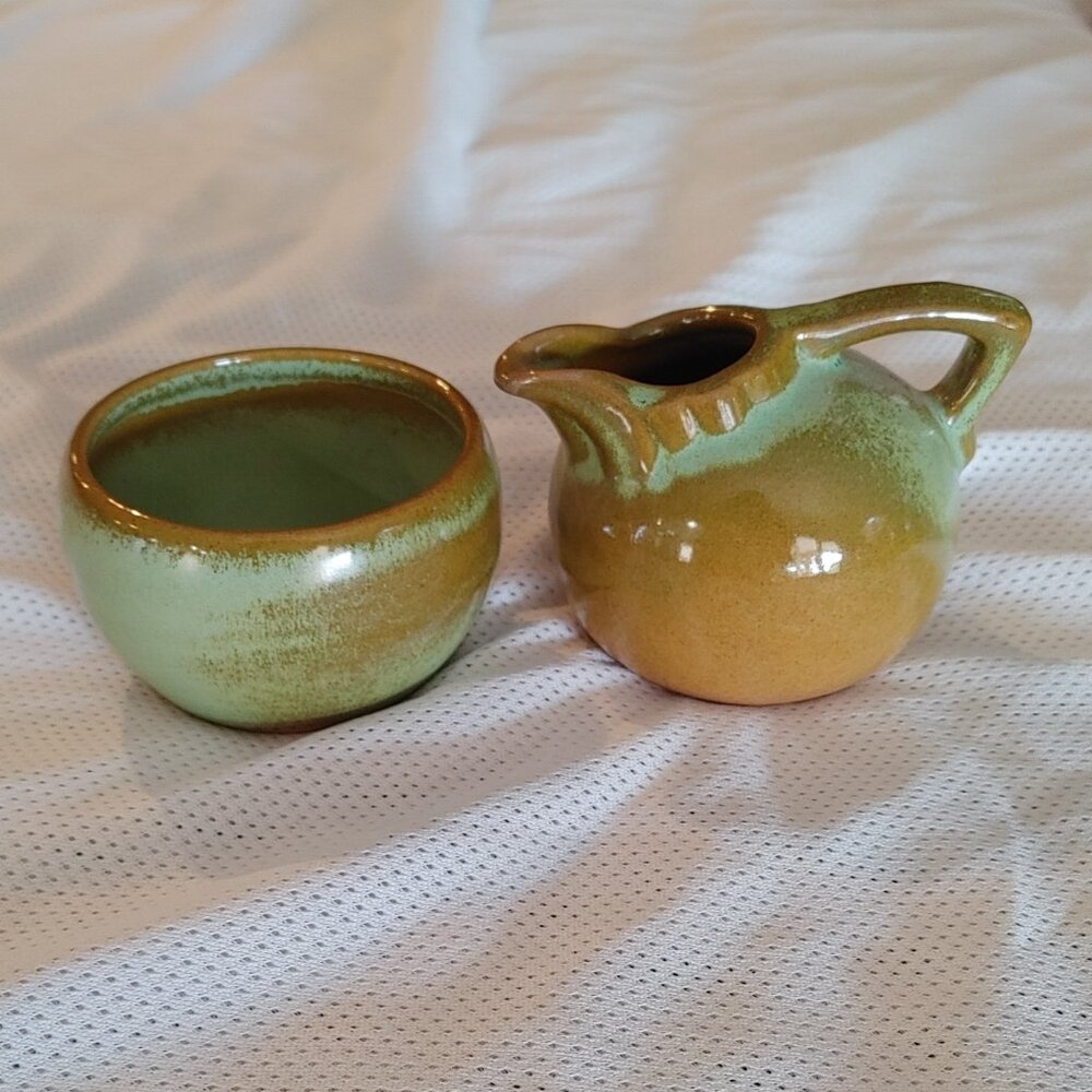 Vintage Frankoma Creamer Mini Pitcher & Open Sugar Bowl; Prarie  (553 & 504)